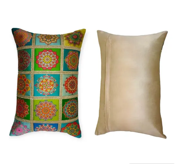 Set_Of_2_Green_Polyester_Rangoli_Design_Cushion_Cover_[12x18_Inches]