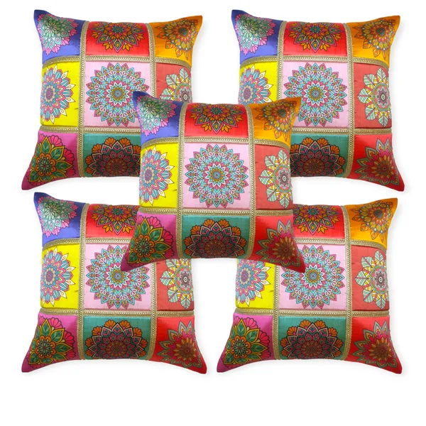 Set_Of_5_Pink_Polyester_Rangoli_Design_Cushion_Cover_[16x16_Inches]