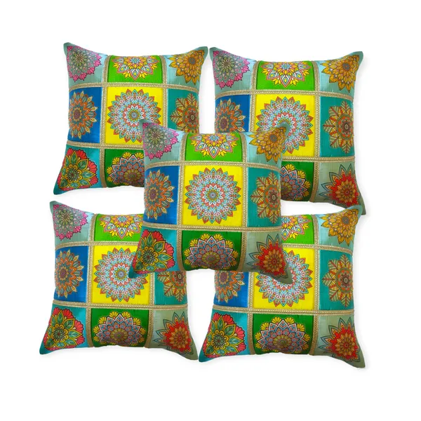 Set_Of_5_Yellow_Polyester_Rangoli_Design_Cushion_Cover_[16x16_Inches]