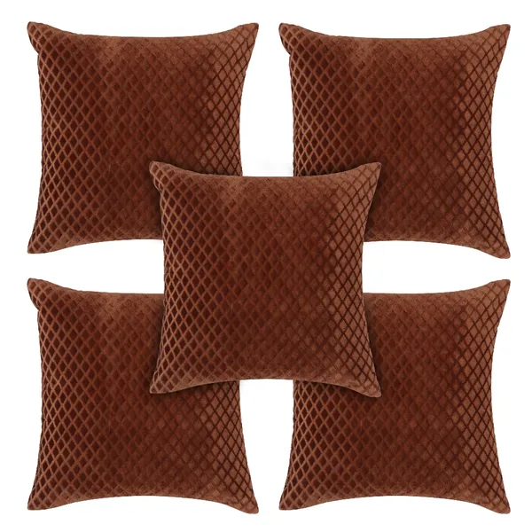 Set_Of_5_Copper_velvet_Self_Check_Design_Cushion_Cover_[16x16_Inches]