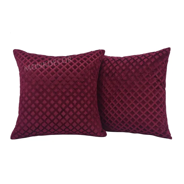 Set_Of_5_Maroon_velvet_Self_Check_Design_Cushion_Cover_[16x16_Inches]
