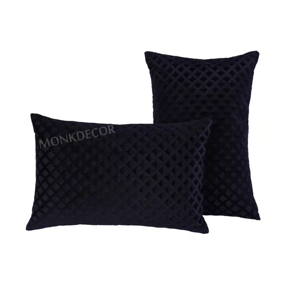 Set_Of_2_Black_velvet_Self_Check_Design_Cushion_Cover_[12x18_Inches]