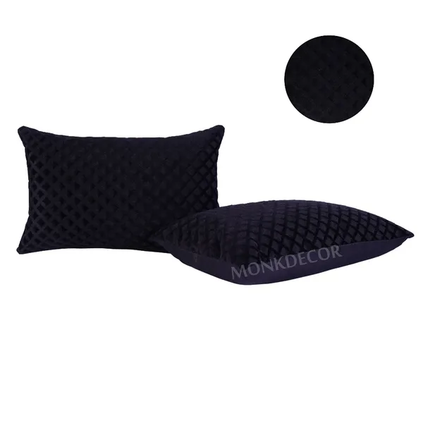 Set_Of_2_Black_velvet_Self_Check_Design_Cushion_Cover_[12x18_Inches]