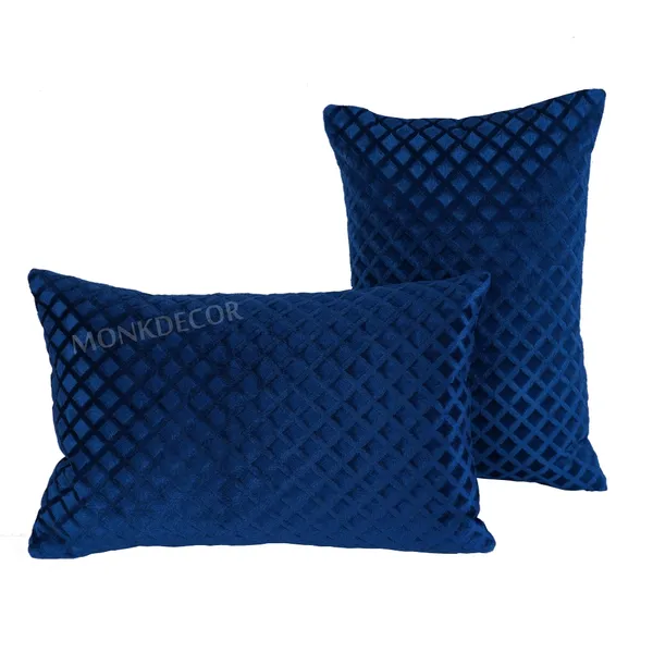 Set_Of_2_Blue_velvet_Self_Check_Design_Cushion_Cover_[12x18_Inches]