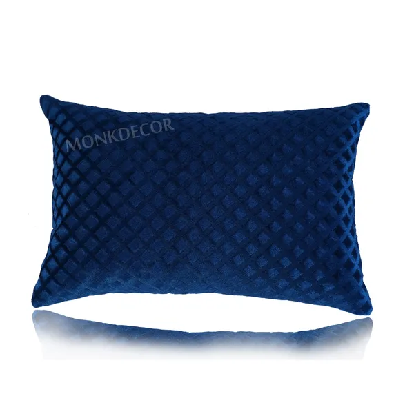 Set_Of_2_Blue_velvet_Self_Check_Design_Cushion_Cover_[12x18_Inches]