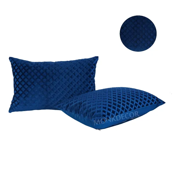 Set_Of_2_Blue_velvet_Self_Check_Design_Cushion_Cover_[12x18_Inches]