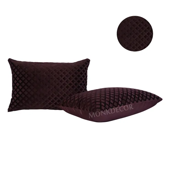 Set_Of_2_Brown_velvet_Self_Check_Design_Cushion_Cover_[12x18_Inches]