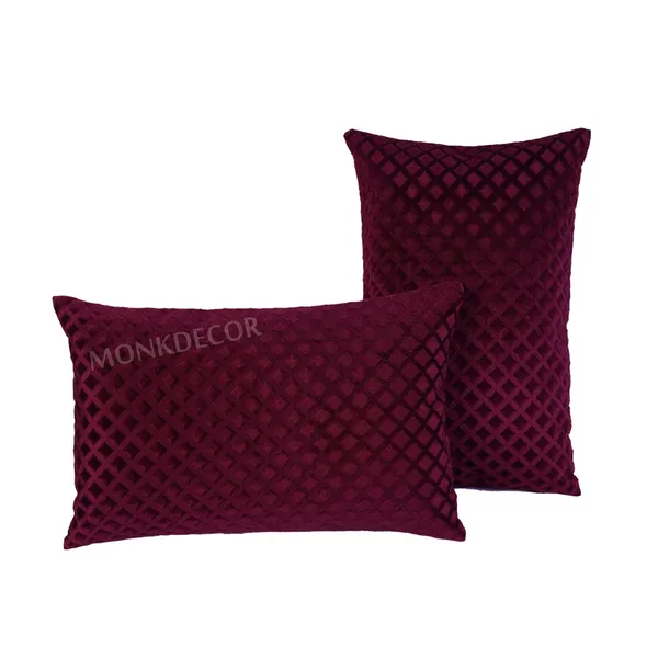 Set_Of_2_Maroon_velvet_Self_Check_Design_Cushion_Cover_[12x18_Inches]
