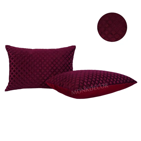 Set_Of_2_Maroon_velvet_Self_Check_Design_Cushion_Cover_[12x18_Inches]