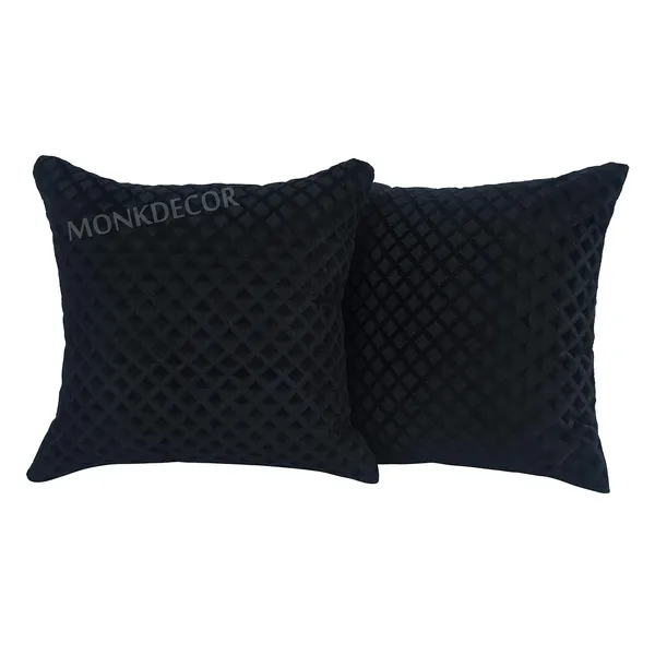 Set_Of_2_Black_velvet_Self_Check_Design_Cushion_Cover_[24x24_Inches]