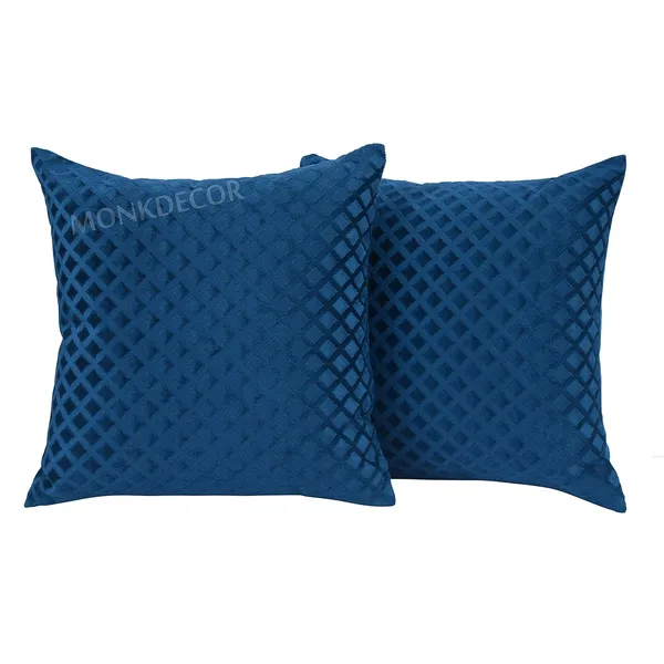 Set_Of_2_Blue_velvet_Self_Check_Design_Cushion_Cover_[24x24_Inches]