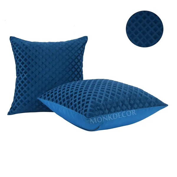 Set_Of_2_Blue_velvet_Self_Check_Design_Cushion_Cover_[24x24_Inches]
