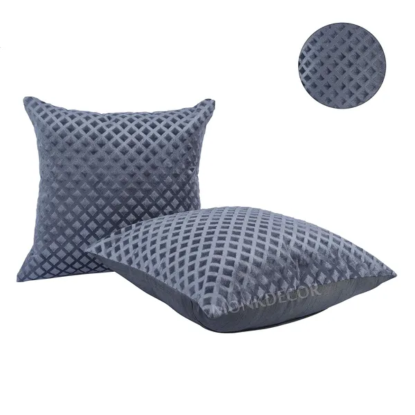 Set_Of_2_Grey_velvet_Self_Check_Design_Cushion_Cover_[24x24_Inches]