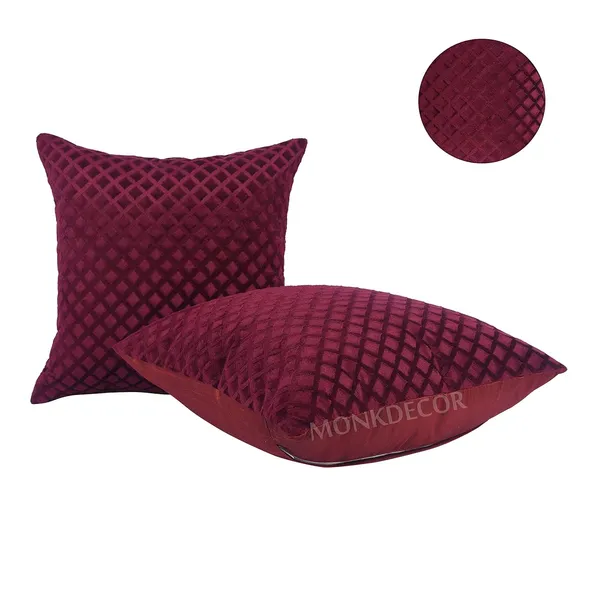 Set_Of_2_Maroon_velvet_Self_Check_Design_Cushion_Cover_[24x24_Inches]