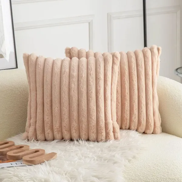 Set_Of_2_Beige_velvet_Stripe_Fur_Design_Cushion_Cover