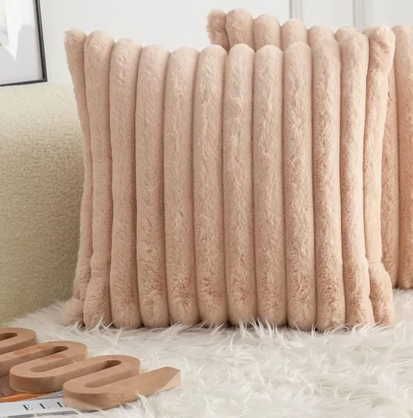 Set_Of_2_Beige_velvet_Stripe_Fur_Design_Cushion_Cover