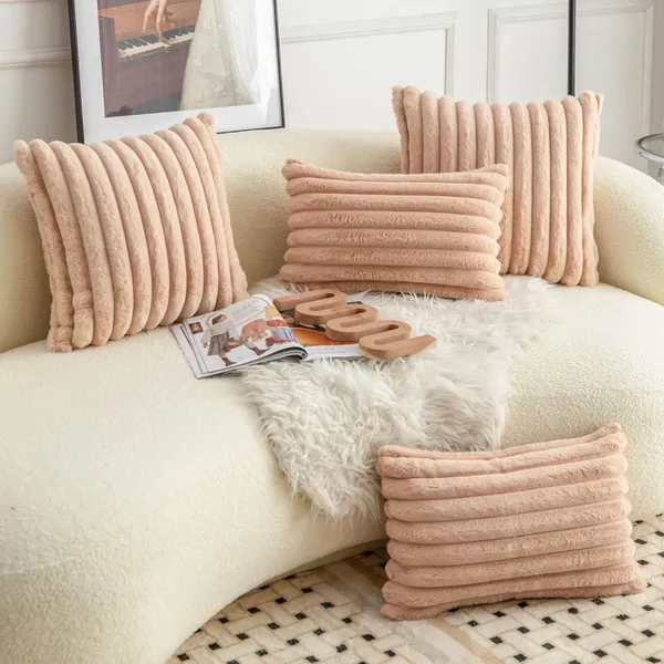 Set_Of_2_Beige_velvet_Stripe_Fur_Design_Cushion_Cover