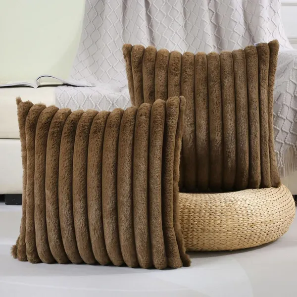 Set_Of_2_Brown_velvet_Stripe_Fur_Design_Cushion_Cover