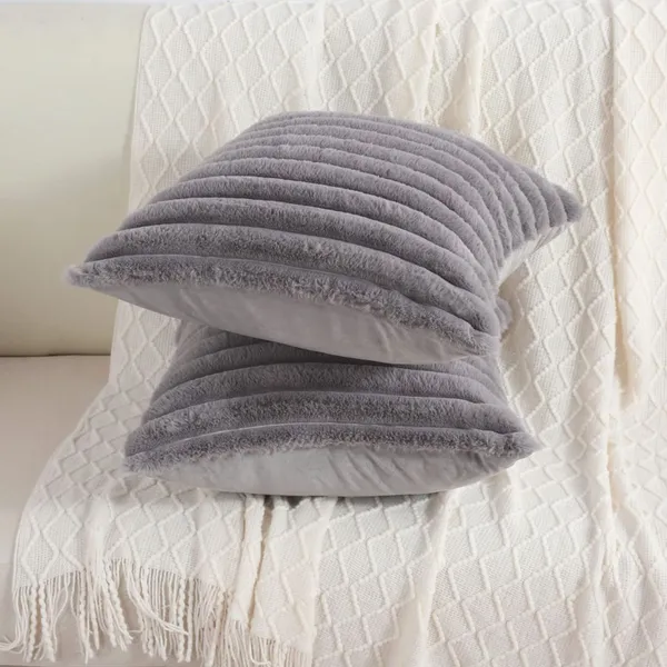 Set_Of_2_Grey_velvet_Stripe_Fur_Design_Cushion_Cover