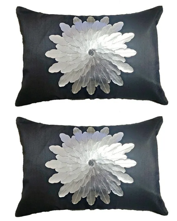 Set_Of_2_Black_Silk_Sunshine_Design_Cushion_Cover_[12x18_Inches]
