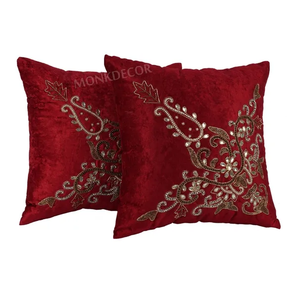 Set_Of_2_Maroon_velvet_Trishul_Design_Cushion_Cover