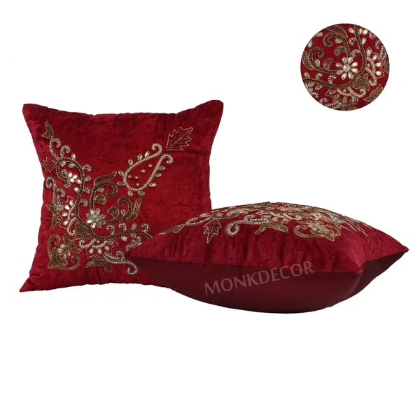 Set_Of_5_Maroon_velvet_Trishul_Design_Cushion_Cover_[16x16_Inches]
