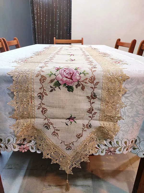 Gold_Pink_Cross_Stitch_Embroidery_Rose_Design_Dining_Table_Runner_[15x70_Inches]