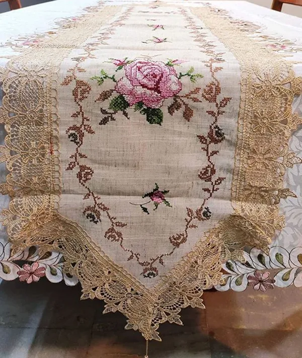 Gold_Pink_Cross_Stitch_Embroidery_Rose_Design_Dining_Table_Runner_[15x70_Inches]