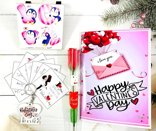 Combo_Pack_Of_6_White_Valentines_Gift_|_1_Mug,_1_Keychain,_1_Ceramic_Tile_With_Stand,_1Artificial_Rose_&_7_Mini_Card_1_Big_Card_|_Gift_For_Couples_Valentines_Gift_Set