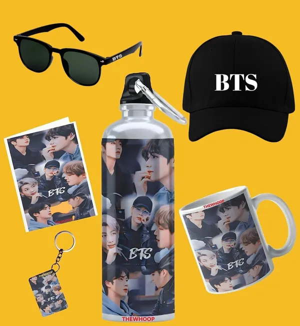 Combo_Pack_Of_6_White_Printed_Bts_Team_Army_Kpop_Gift_|_Mug,_Sipper_Bottle,_Keychain,_Sunglass,_Cap,_Greeting_Card,_Birthday_Gift_Set_For_Bts_Fans