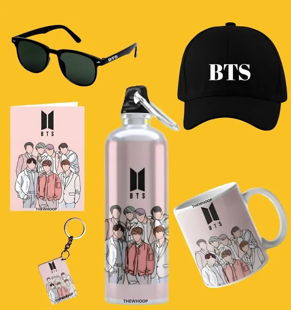 Combo_Pack_Of_6_White_Printed_Bts_Team_Army_Kpop_Gift_|_1_Mug_350Ml,_1_Sipper_Bottle_750Ml,_1_Keychain,_1_Sunglass,_1_Cap,_1_Greeting_Card_Birthday_Gift_Set_For_Bts_Fans
