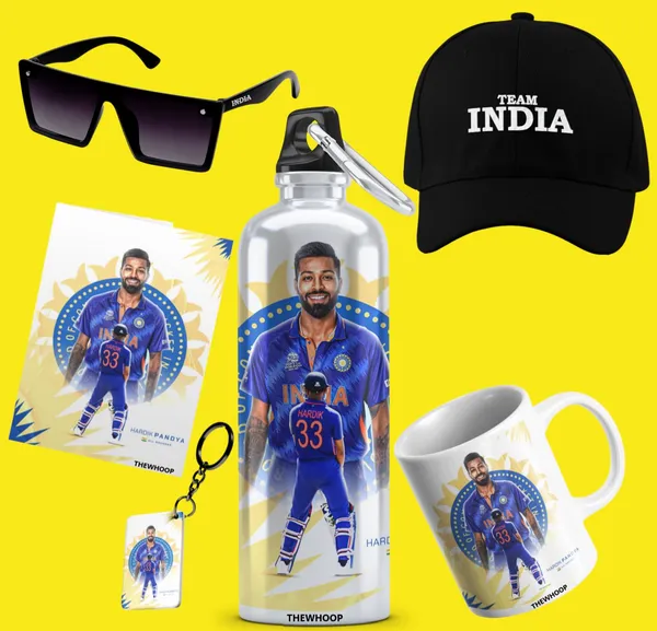 Combo_Pack_Of_6_White_Printed_Indian_Cricketers_Gift_|_Mug,_Sipper_Bottle,_Keychain,_Sunglass,_Cap,_Greeting_Card,_Birthday_Gift_Set_For_Cricket_Fans_(Hardik_Pandya)