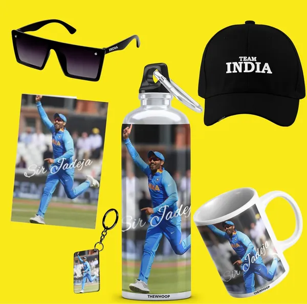Combo_Pack_Of_6_White_Printed_Indian_Cricketers_Gift_|_Mug,_Sipper_Bottle,_Keychain,_Sunglass,_Cap,_Greeting_Card,_Birthday_Gift_Set_For_Cricket_Fans_(Ravindra_Jadeja)