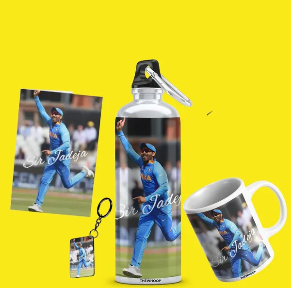 Combo_Pack_Of_6_White_Printed_Indian_Cricketers_Gift_|_Mug,_Sipper_Bottle,_Keychain,_Sunglass,_Cap,_Greeting_Card,_Birthday_Gift_Set_For_Cricket_Fans_(Ravindra_Jadeja)