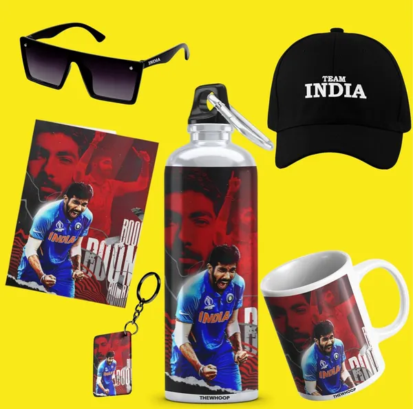 Combo_Pack_Of_6_White_Printed_Indian_Cricketers_Gift_|_Mug,_Sipper_Bottle,_Keychain,_Sunglass,_Cap,_Greeting_Card,_Birthday_Gift_Set_For_Cricket_Fans_(Jasprit_Bumrah)