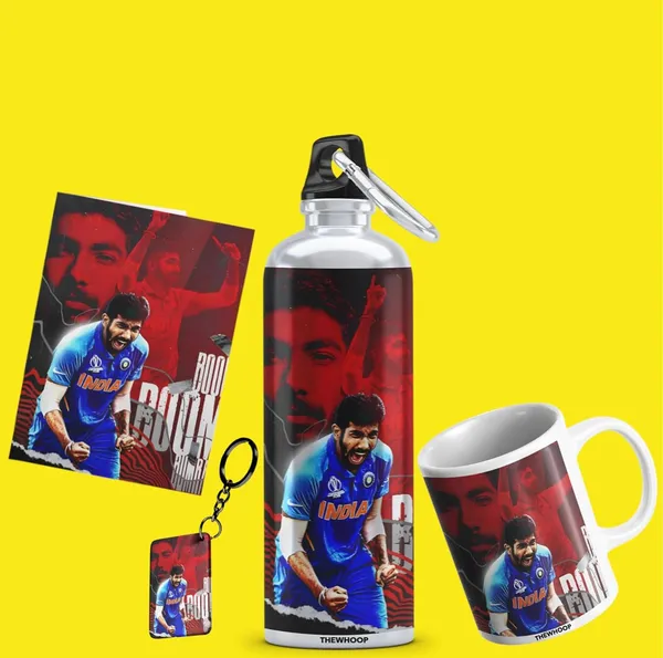 Combo_Pack_Of_6_White_Printed_Indian_Cricketers_Gift_|_Mug,_Sipper_Bottle,_Keychain,_Sunglass,_Cap,_Greeting_Card,_Birthday_Gift_Set_For_Cricket_Fans_(Jasprit_Bumrah)