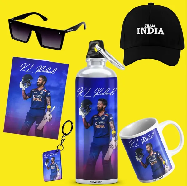 Combo_Pack_Of_6_White_Printed_Indian_Cricketers_Gift_|_Mug,_Sipper_Bottle,_Keychain,_Sunglass,_Cap,_Greeting_Card,_Birthday_Gift_Set_For_Cricket_Fans_(Kl_Rahul)