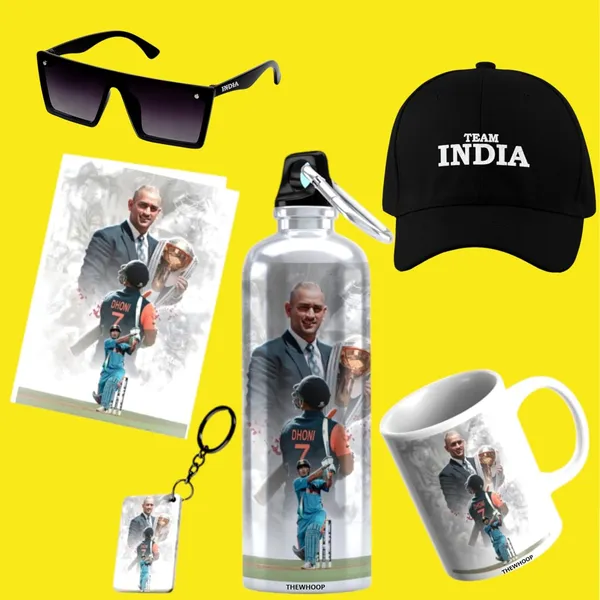 Combo_Pack_Of_6_White_Printed_Indian_Cricketers_Gift_|_Mug,_Sipper_Bottle,_Keychain,_Sunglass,_Cap,_Greeting_Card,_Birthday_Gift_Set_For_Cricket_Fans_(M.S_Dhoni)