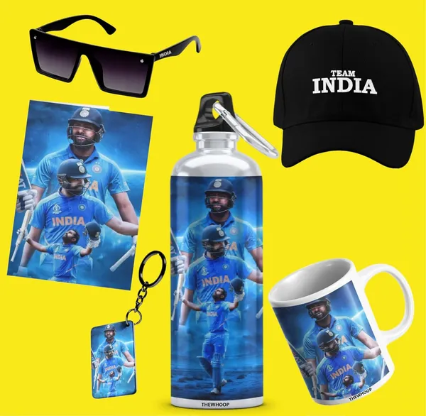 Combo_Pack_Of_6_White_Printed_Indian_Cricketers_Gift_|_Mug,_Sipper_Bottle,_Keychain,_Sunglass,_Cap,_Greeting_Card,_Birthday_Gift_Set_For_Cricket_Fans_(Rohit_Sharma)