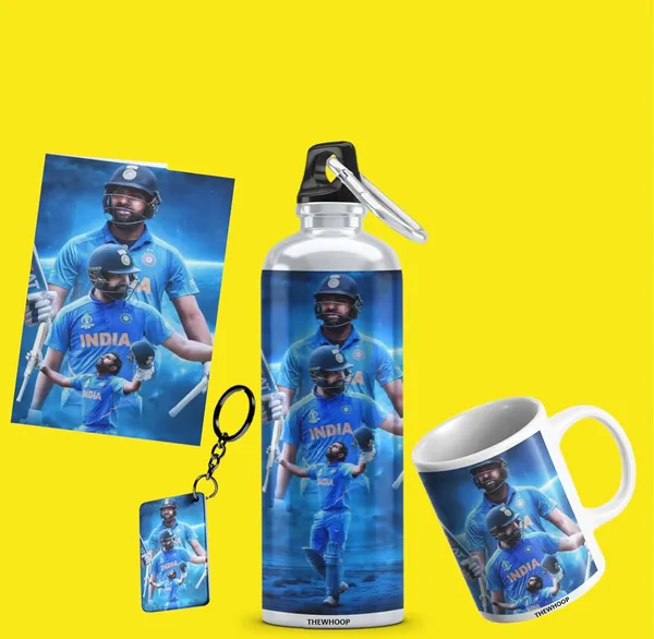 Combo_Pack_Of_6_White_Printed_Indian_Cricketers_Gift_|_Mug,_Sipper_Bottle,_Keychain,_Sunglass,_Cap,_Greeting_Card,_Birthday_Gift_Set_For_Cricket_Fans_(Rohit_Sharma)