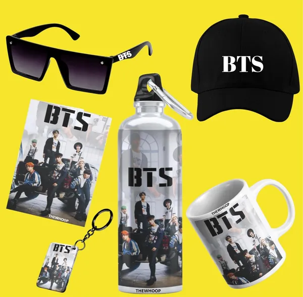 Combo_Pack_Of_6_White_Printed_Bts_Boys_Group_Army_Kpop_Gift_|_Mug,_Sipper_Bottle,_Keychain,_Sunglass,_Cap,_Greeting_Card,_Birthday_Gift_Set_For_Bts_Fans