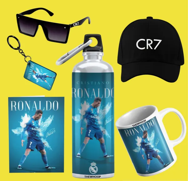 Combo_Pack_Of_6_Green_Printed_Cristiano_Ronaldo_Gift_|_Mug_(350Ml),_Sipper_Bottle_(750Ml),_Keychain,_Sunglass,_Cap,_Greeting_Card,_Birthday_Gift_Set_For_Cristiano_Ronaldo_Fans