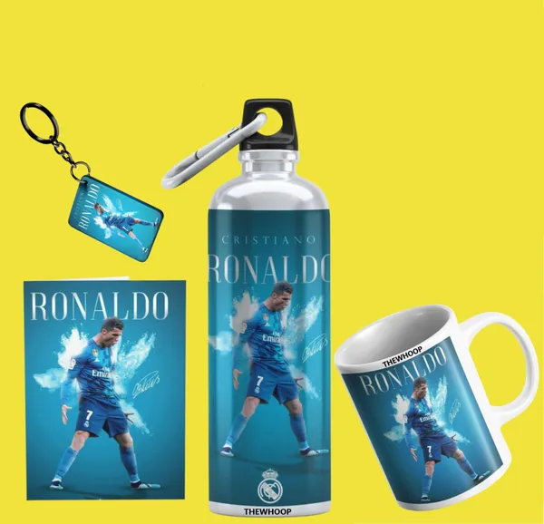 Combo_Pack_Of_6_Green_Printed_Cristiano_Ronaldo_Gift_|_Mug_(350Ml),_Sipper_Bottle_(750Ml),_Keychain,_Sunglass,_Cap,_Greeting_Card,_Birthday_Gift_Set_For_Cristiano_Ronaldo_Fans