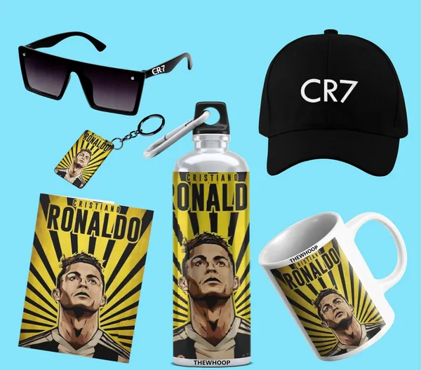 Combo_Pack_Of_6_Yellow_Printed_Cristiano_Ronaldo_Gift_|_Mug_(350Ml),_Sipper_Bottle_(750Ml),_Keychain,_Sunglass,_Cap,_Greeting_Card,_Birthday_Gift_Set_For_Cristiano_Ronaldo_Fans