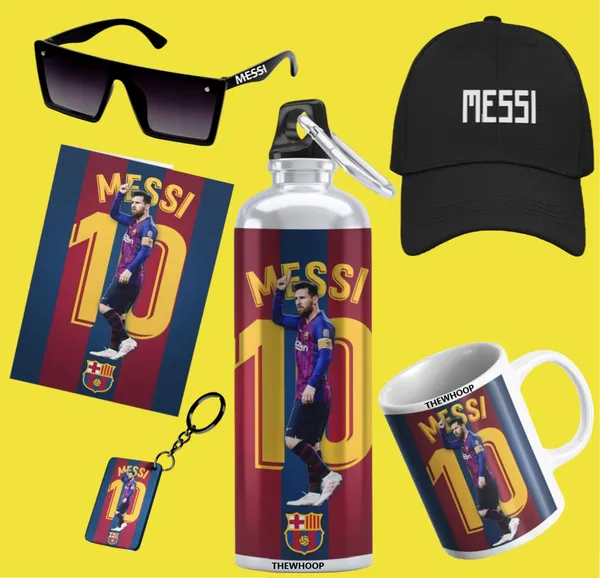 Combo_Pack_Of_6_White_Printed_Lionel_Messi_Gift_|_Mug(350Ml),_Sipper_Bottle(750Ml),_Keychain,_Sunglass,_Cap,_Greeting_Card,_Birthday_Gift_Set_For_Lionel_Messi_Fans