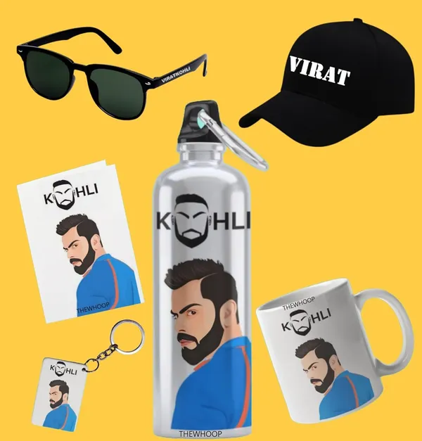 Combo_Pack_Of_6_White_Printed_Virat_Kohli_Gift_|_Mug,_Sipper_Bottle,_Keychain,_Sunglass,_Cap,_Greeting_Card,_Birthday_Gift_Set_For_Virat_Kohli_Fans