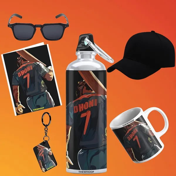 Combo_Pack_Of_6_White_Printed_M.S._Dhoni_Gift_|_Mug,_Sipper_Bottle,_Keychain,_Sunglass,_Cap,_Greeting_Card,_Birthday_Gift_Set_For_Ms_Dhoni_Fans