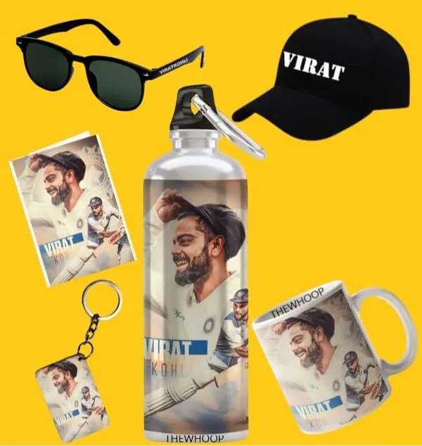 Combo_Pack_Of_6_White_Printed_Virat_Kohli_Gift_|_Mug,_Sipper_Bottle,_Keychain,_Sunglass,_Cap,_Greeting_Card,_Birthday_Gift_Set_For_Virat_Kohli_Fans