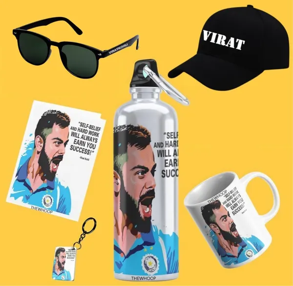 Combo_Pack_Of_6_White_Printed_Virat_Kohli_Gift_|_Mug,_Sipper_Bottle,_Keychain,_Sunglass,_Cap,_Greeting_Card,_Birthday_Gift_Set_For_Virat_Kohli_Fans