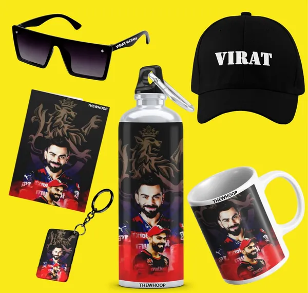 Combo_Pack_Of_6_White_Printed_Virat_Kohli_Gift_|_Mug,_Sipper_Bottle,_Keychain,_Sunglass,_Cap,_Greeting_Card